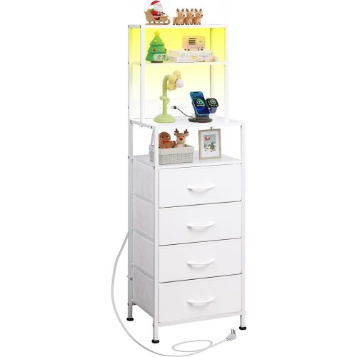 WLIVE Tall Nightstand with Charging Station, LED Night Stand with 4 Drawers and Storage Open Shelves, Fabric Dresser for Bedroom, Office, White