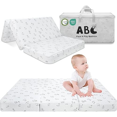 Trifold Pack and Play Mattress - 38"x26" Pack N Play Mattresses Pad with Breathable Removable Cover - High Density Foam Foldable Portable Travel Baby Crib Mattress,Bag Included