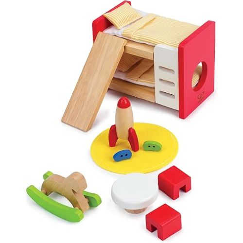 Hape Wooden Doll House Furniture Children's Room with Accessories| 1:12 Scales Miniature Dollhouse Furniture