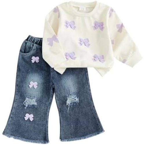 FYBITBO Toddler Baby Girl Clothes Fall Winter Baby Girl Outfit Floral Crewneck Sweatshirt Bell Bottom Jeans Pants Set