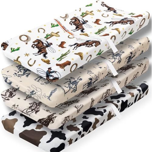 4 Pack Western Cowboy Crib Baby Sheets Western Neutral Breathable Fitted Baby Sheet Cowboy Nursery Sheets for Baby Boys or Girls (Changing Pad Cover)