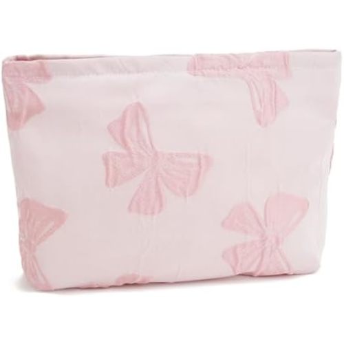 WOZEAH Makeup Bag for Purse Small Cosmetic Pouch,Stylish Zipper Make up Pouch Travel Canvas Toiletry Bags(Pink Bow)