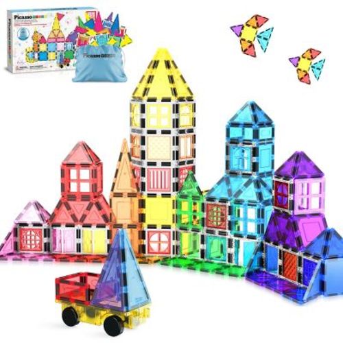 PICASSO-TILES Magnetic Tiles for Kids with Tote Bag –61PCS STEM Construction Building Blocks Educational Toy Set