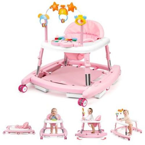 5-in-1 Baby Walker, Foldable Adjustable Activity Walker with Bouncer, Music, Toys, Feeding Tray for 6-18 Months,Pink