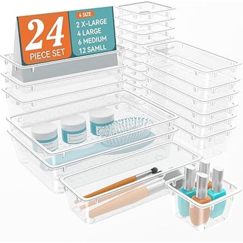 24 PCS Drawer Organizer Set, 4 Sizes Tool Storage Trays, Clear Plastic Makeup Vanity Organizer and Storage Bins for Makeup, Stationeries, Multiple Gadgets for Bathroom, Office, Bedroom