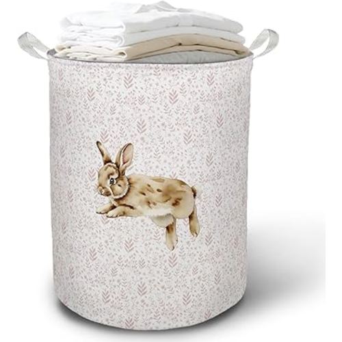 Pink Floral Bunny Laundry Basket Hamper, Bunny Nursery Decor, Pastel Wildflower Rabbit Foldable Clothes Toys Books Storage Box Bins Baskets Organizer for Girls Kids Bedroom Bathroom