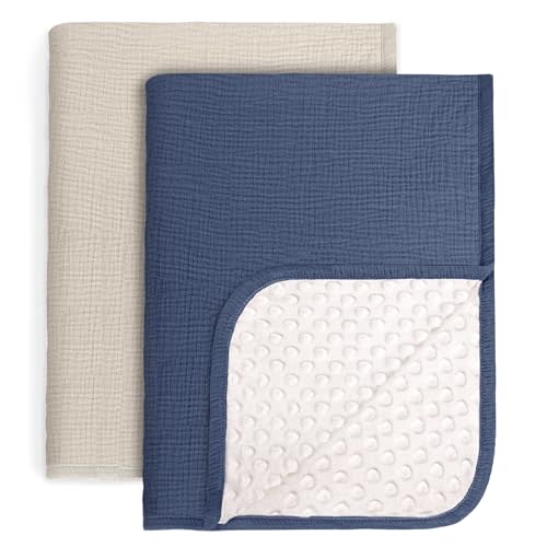 lulumoon Baby Blankets for Boys Newborn: Muslin & Minky Dotted Backing - Thermal Receiving Blanket for Stroller & Registry Gift 2Pack 30"x40"(IvoryBlue)