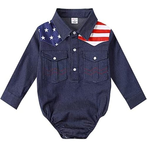 COSLAND Baby Boys' Western Long Sleeve Bodysuit, Infant Cowboy Romper, 0-18 Months