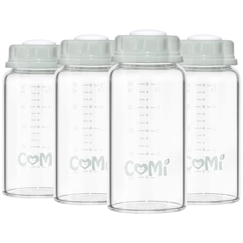 COMI Natural Glass Baby Bottle,Standard Neck Breastmilk Storage Bottle for Fridge,Breast Milk Container,Breast Pump Bottle Compatible with Medela Breast Pump,BPA Free,4PCS (5oz,4 Gray Lids)