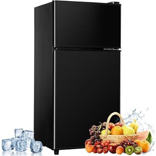 Mini Fridge with Freezer, 3.2 cuft Small Refrigerator, 7 Adjustable Thermostat, Energy Saving, Low Noise, Double Door Compact Refrigerator for Dorm, Bedroom, Office - BLACK