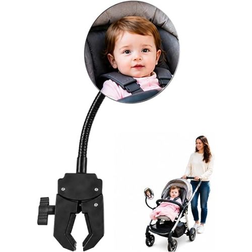 Stroller Rearview Mirror Allows you to see your baby's face while pushing the stroller Easy to attach Stroller accessory featuring a clear view and 360° rotation