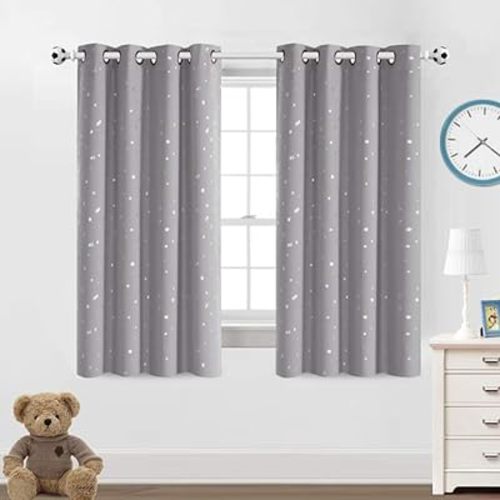 PrinceDeco Blackout Kids Curtains for Bedroom Thermal Insulated Silver Twinkle Star Curtains for Boys Antique Grommet Top Window Treatment 2 Panels Drapes for Nursery (52" W x 63" L, Grey/Silver)