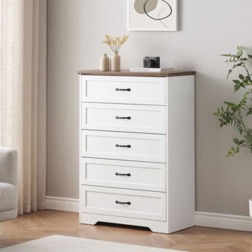 Garvee Dresser for Bedroom with 5 Drawers, Tall Wood Drawer Dresser Chest of Drawers for Closet, Living Room, Hallway, Nursery, Kids Bedroom, White