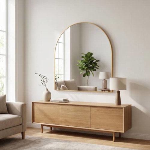 Gold 26 in. W x 28 in. H Arched Elegant Modern Aluminum Alloy Framed Decorative Vanity Wall Mirror