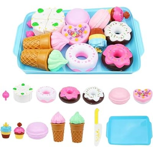 15 PCS Pretend Play Food Set - Play Food for Kids Kitchen - Pretend Cutting Play Desserts Cake Ice Cream and Donuts Food Toys - Birthday Gifts Set Toy for Boys, Girls, Kids, Toddler