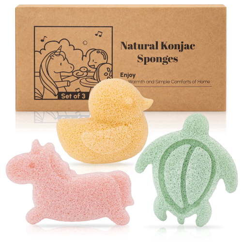 MyHomeBody Konjac Baby Sponge 3pc Unicorn Duck Sea Turtle, Gentle Baby Bath Loofah