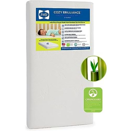Sealy Baby Cozy Brilliance Breathable Crib Mattress, GREENGUARD GOLD Certified, Made in USA, Firm Dual Firmness, Toddler Bed Fit, Rayon, Waterproof, Non Toxic, Washable Zip Cover, 52” x 28