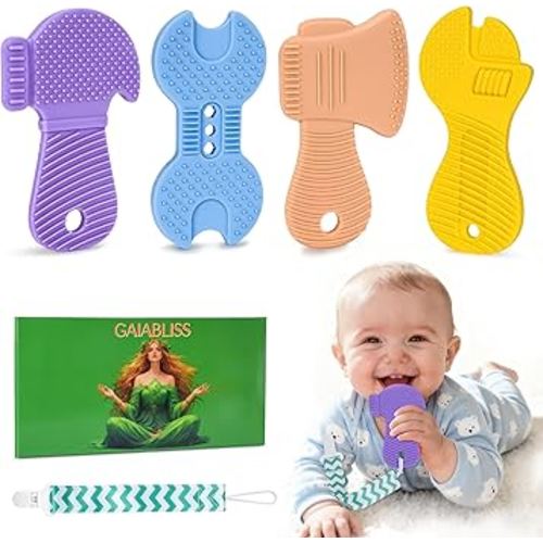 Baby Teething Toys, Teethers for Babies 3-18 Months, Teether Tools Shape Toys, Baby Teething Relief Toddlers Infant Toy with Pacifier Clip for Boys & Girls, Food Grade Silicone, 4 Packs