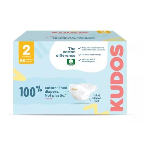 Kudos Chlorine Free Premium Diapers - 100% Cotton-Lined, Size-2, 10-14 lbs, 66Count