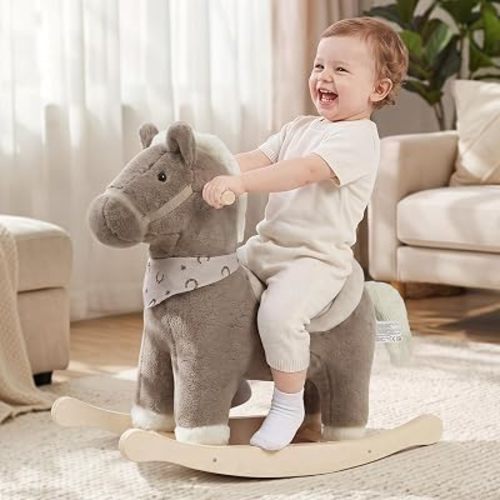 Rocking Horses Ages 1-3 Wooden Toddler Rocking Horse Plush Ride on Horse Toy with Realistic Sound Brown Horse Rocker for Toddlers 1 Year Old Soft Stuffed Filling Rocker Birthday Party Shower Gift