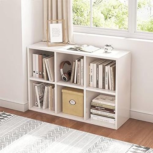 6 Cube Organizer Bookcase - Fabric Storage Bins Container, Open Shelf Simple Compartments Bookshelf, White