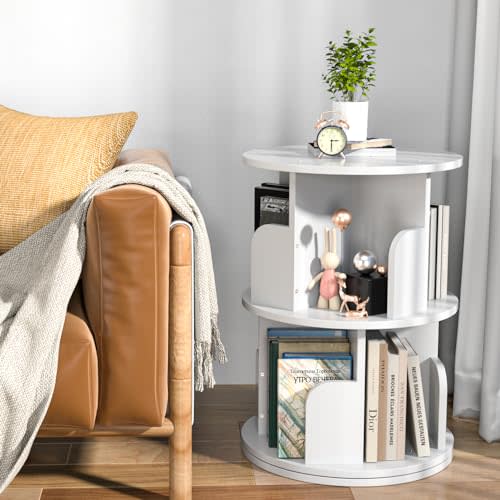 Nidouillet Rotating Bookshelf, Revolving Bookcase 360 Display Round Bookshelf, High-Density MDF Wood Narrow Swivel Corner Book Shelf Standing Bookcase for Adult Bedroom, Living Room (White, 2 Tier)
