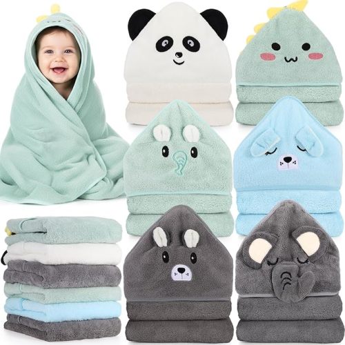 SmoothNovelty 6 Pack Baby Hooded Towels Infants and Toddlers Coral Fleece Baby Bath Towels 31.5 x 31.5 Inch Absorbent Cute Soft Newborn Bath Essentials Gifts for Boys & Girls(Multicolor,Cute)