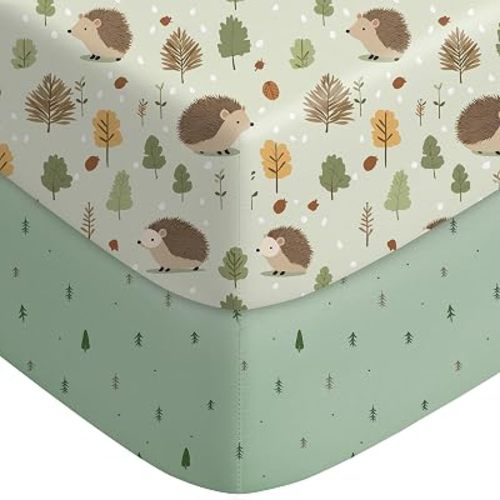 2-pk Crib Sheets for Boys Girls Neutral 52x28 (Green+Hedgehog)