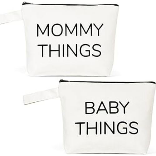 New Mom Gifts, 2PCS Mommy and Baby Canvas Pouch Set, Gifts For Expecting Moms Keepsake Bag, New Mothers and Baby Essentials Stuff, Neutral Makeup Bag Gift Set