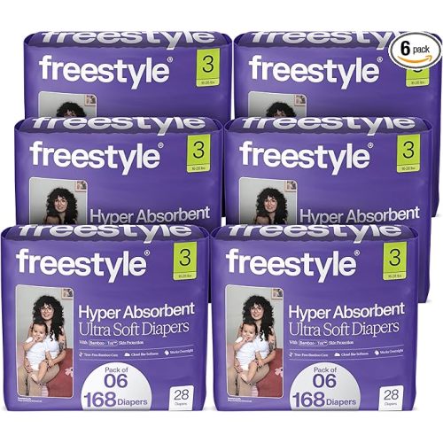 Freestyle BambooTek Diapers – (Size 3) Hyper Absorbent & Non-Toxic – Disposable Diapers for Sensitive Skin – Ultra Soft Diapers (16-28 lbs) – 168 Count