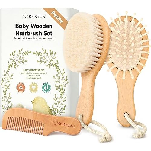 Baby Hair Brush Set for Newborns - Soft Goat Bristle Wooden Baby Brush and Comb Set Newborn Grooming Kit for Cradle Cap, Durable & Gentle, Boy, Girl Infant Essentials Care Kit (Petite, Walnut)