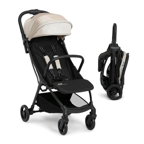 Jeep Altitude Compact Travel Stroller by Delta Children Greenguard Gold, Easy One Hand Fold, Lightweight, Extendable Canopy with Peek-a-Boo Window, Reclining Seat, 4 Wheel Suspension, Black