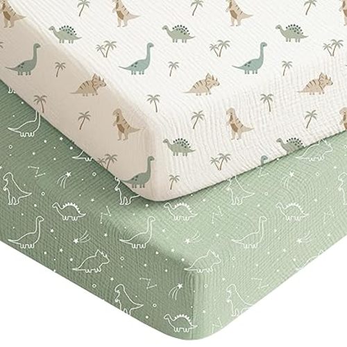 Konssy Muslin Crib Sheets for Boys, Soft Cotton Neutral Baby Sheets for Standard Crib Mattress 2 Pack, 52"x28" (Dino Jungle,Sage Dino)