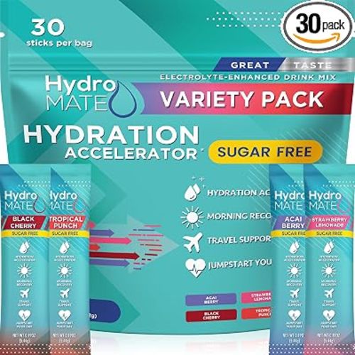 HydroMATE Electrolyte Powder Sugar-Free Hydration Packets Variety Pack 30 Sticks