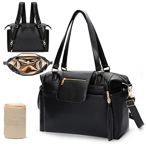 Omanmoli Diaper Bag Tote Leather Diaper Bag Backpack Large Baby Diaper Bag 14 Diaper Bag Organizing Pouches,Changing Pad,Crossbody Strap,4 Insulated Pockets,Black