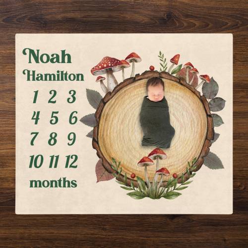 Mushroom Cottagecore Milestone Blanket, Custom Name Baby Blanket, Boy Girl Shower Newborn Gift, Monthly Photo Baby Custom Milestone Blanket