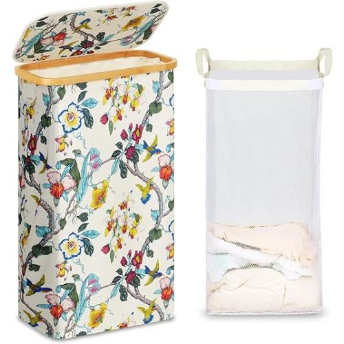 efluky Slim Laundry Hamper with Lid and Removable Bag, 75L Beige