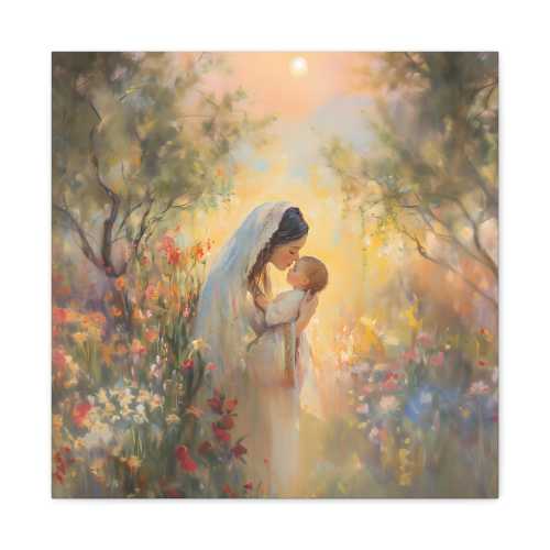 Young Virgin Mary and Sleeping Baby Jesus Canvas Print, Patron Saint Celestial Boho Painting, Catholic Mother's Day Confirmation Art Gift