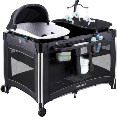 Pamo Babe 4 in 1 Baby Playards with Bassinet & Changing Table, Portable Crib Breathable Mesh and Toy Mobile