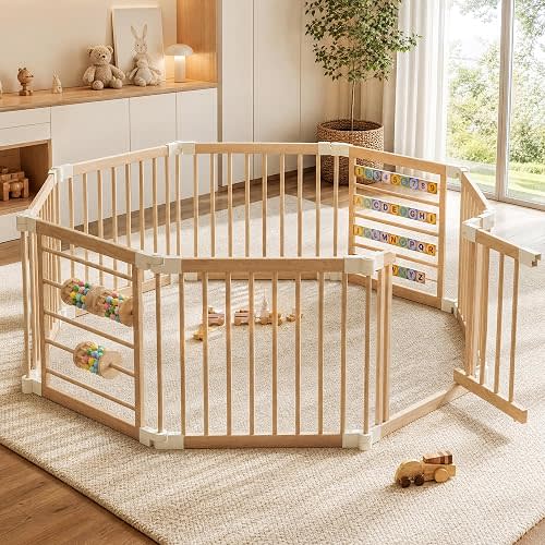 Foldable Wooden Baby Playpen, Adjustable Wood Play Yard, 8 Panels