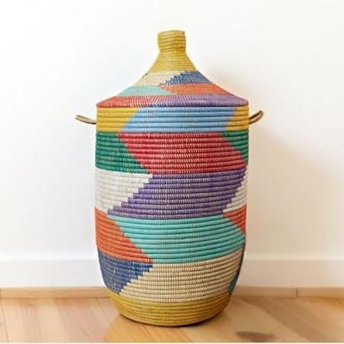 Large Basket with Lid and Handles, Rainbow Colors, 18 Inch Wide, 30 Inch Tall