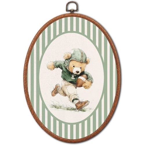 Football Sports Teddy Bear Green Stripe Oval Wall Art Framed Decor Accents