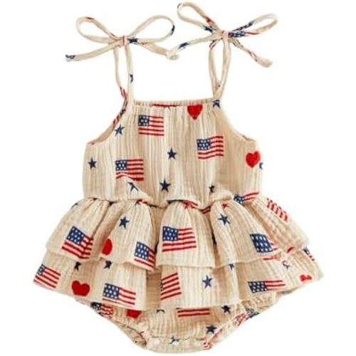 BeQeuewll Baby Girl 4th of July Outfit Newborn Infant Romper Dress Flag Print Sleeveless Tie Up Tutu Bodysuit Cute Outfits