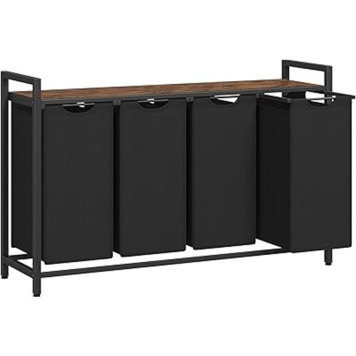 VASAGLE Laundry Hamper, Laundry Basket, Laundry Sorter with 4 Pull-Out and Removable Bags, Shelf, Metal Frame, 4 x 10.6 Gallons (40 L), 45.7 x 13 x 28.4 Inches, Ink Black and Rustic Brown UBLH401B01