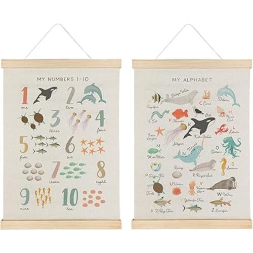 Qvapt Sea Animal Wall Art, Boho Alphabet Posters 12x16 with Hanger, Banner, Kids Room Home School Classroom Decor, Set of 2