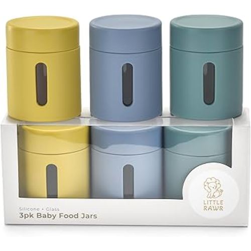 3 Pack Silicone Glass Baby Food Storage Containers, 4 Oz Glass Baby Food Jars with Lids Snack, Puree, Reusable Small Containers, Breast Milk, Fridge or Freezer, Microwave & Dishwasher Safe