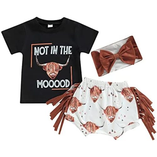 Fernvia Western Toddler Baby Girl Clothes Letter Short Sleeve T-Shirt Top + Tassel Shorts Outfits + Headband 3Pcs Set
