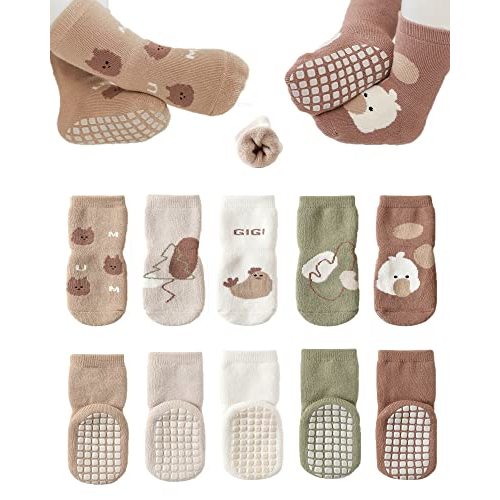 BEHELE Baby Non-skid Grip Socks Toddler Socks Warm Thick Anti Skid Slipper Crew Socks for Girls Boys Newborn Infant 5 Pairs