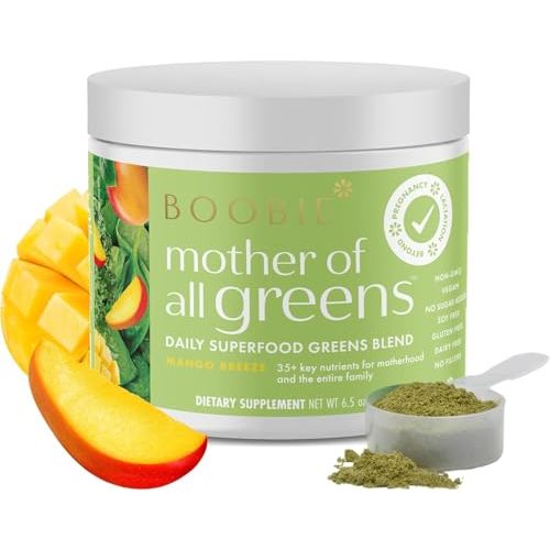 Boobie Mother of All Greens | Your New Family Ritual, Daily Super Greens Powder with 35+ Essential Nutrients for Moms & Families | Vegan, Gluten Free, & Sugar Free | Mango Flavor, 30 svgs