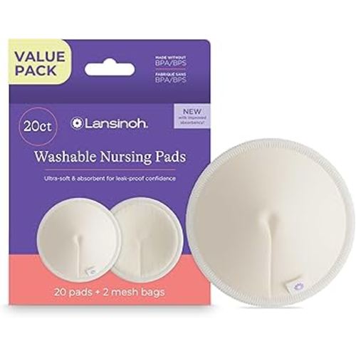 Lansinoh Washable Nursing Pads, Made with Organic Bamboo Viscose, Reusable Breast Pads for Breastfeeding with Wash Bag, Breastfeeding Essentials, 10 Count (Pack of 2)